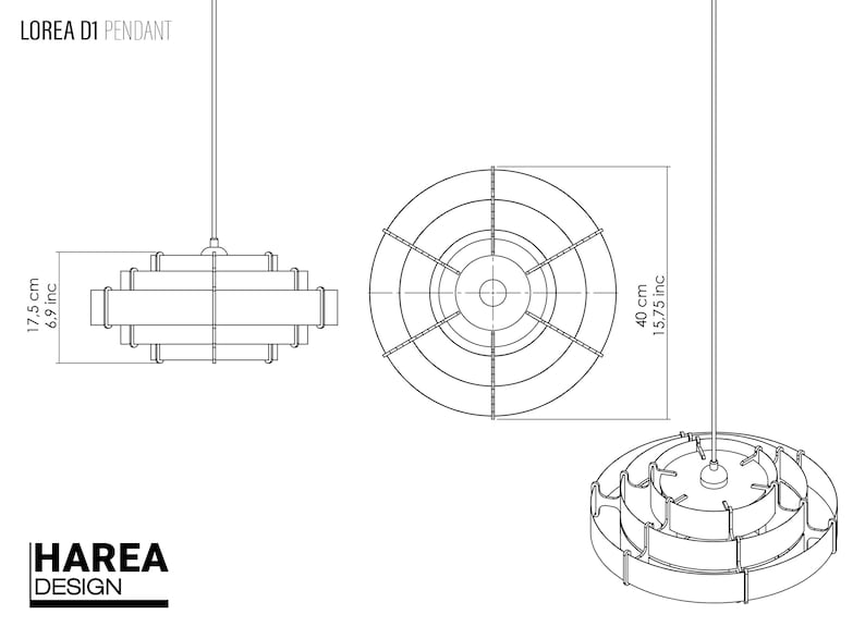 Puede incluir: Dibujo lineal de la l&aacute;mpara colgante LOREA D1. El dise&ntilde;o es circular con anillos en capas, y las dimensiones son: 17,5 cm de alto y 40 cm de di&aacute;metro. La marca HAREA DESIGN tambi&eacute;n es visible.