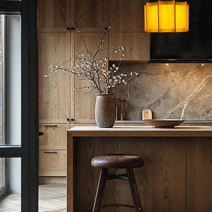 May include: A modern kitchen with wooden cabinets, a countertop, and a bar stool. A vase with branches sits on the countertop. A yellow rectangular pendant light hangs above the island. The floor has a herringbone pattern.
