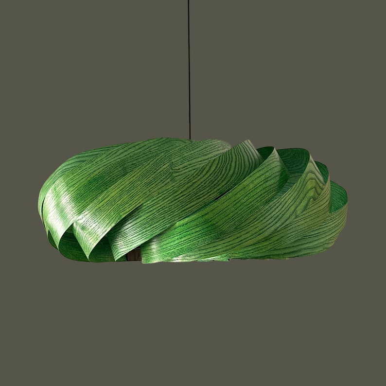 Veneer Pendant Light, Handmade Lamp, Ceiling lamp, Home Decor, Green Chandelier, Industrial Lamp, Wood Lampshade image 1