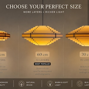 May include: Wooden pendant lights in three sizes: 40 cm, 60 cm, and 70 cm. The lights have a layered design and are suspended from the ceiling. The text "CHOOSE YOUR PERFECT SIZE" is at the top. The image also includes text about the lights' features.