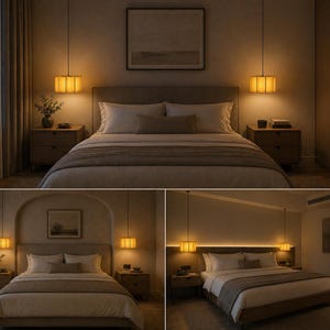 May include: A bedroom scene featuring a bed with a neutral-toned comforter and pillows. Two pendant lights with rectangular shades hang above the bed. The room has a warm, inviting ambiance, with soft lighting and wooden furniture.