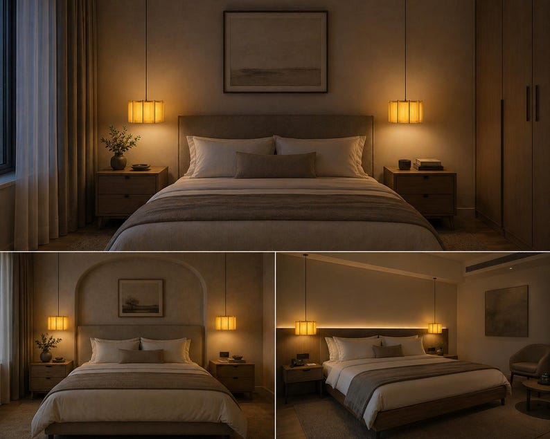 May include: A bedroom scene featuring a bed with a neutral-toned comforter and pillows. Two pendant lights with rectangular shades hang above the bed. The room has a warm, inviting ambiance, with soft lighting and wooden furniture.