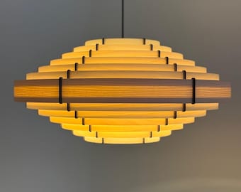 Lámpara colgante moderna / Lámpara colgante redonda de madera / Araña de estilo moderno de mediados de siglo / Lámpara de techo Japandi / Iluminación para comedor