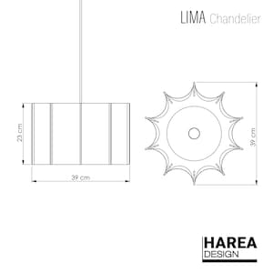 May include: Line drawing of the "LIMA Chandelier" with dimensions. The rectangular lamp is 15.35 inches wide and 9.06 inches tall. The top view shows a sunburst design, also 15.35 inches in diameter. The design is by Harea Design.