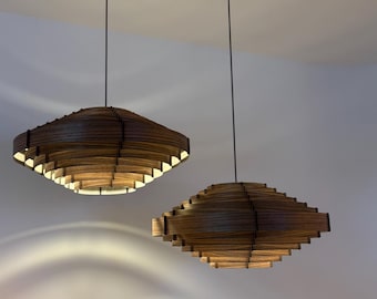 Lámpara colgante moderna / Lámpara colgante redonda de madera / Araña de estilo moderno de mediados de siglo / Lámpara de techo Japandi / Iluminación para comedor