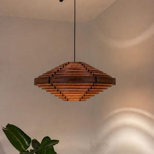 May include: A modern, geometric pendant light fixture. The light is made of layered, dark wood slats, creating a diamond shape. It hangs from a black cord and track lighting. The fixture is suspended in front of a neutral-colored wall.