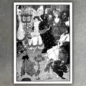 Peut inclure: Une illustration en noir et blanc d'un groupe de personnes dans une pièce. Les personnes sont habillées de costumes élaborés et sont rassemblées autour d'une table. Il y a plusieurs bougies sur la table et une horloge au mur. L'illustration est de style vintage.