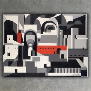 Pode incluir: Pintura geométrica abstrata de uma cena de cidade em tons de cinza, branco e preto com um único edifício vermelho. A pintura é assinada "SERVRANDOX".