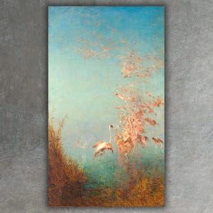 Può includere: Un dipinto che raffigura uno stormo di fenicotteri rosa che volano in un cielo blu. I fenicotteri volano in formazione a V e si dirigono verso lo spettatore. Il cielo è di un azzurro chiaro e ci sono alcune nuvole in lontananza.