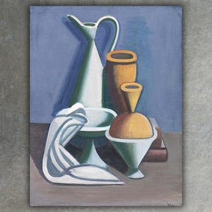 Arrangement mit Gießkanne, Handtuch und Wassergläsern von Vilhelm Lundstrøm Giclée Leinwanddruck • Feine Malerei • Klassisches Stillleben