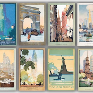 Conjunto de impressão de cartão postal vintage de Nova York para amantes da arte (1916) • Pôster de viagens vintage • Arte retrô de parede • Impressão moderna de meados do século