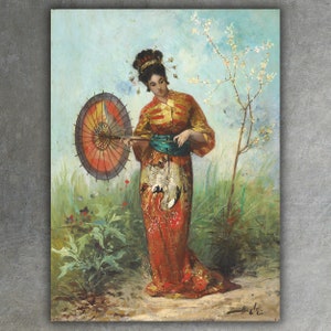 Pode incluir: Uma mulher em um quimono colorido segura um guarda-chuva japonês vermelho e dourado em um cenário de jardim. O fundo apresenta uma árvore florida e folhagem verde.