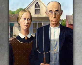 May include: A painting of a couple standing in front of a house. The woman is wearing a brown dress with white polka dots and a white collar. The man is wearing a dark suit with a white shirt and a blue tie. He is holding a pitchfork in his right hand. The house is white with a brown roof and a blue door.