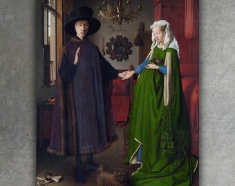 May include: A painting depicting a couple standing in a room. The man is wearing a black hat and a dark robe. The woman is wearing a green dress and a white head covering. A small dog is in the foreground.