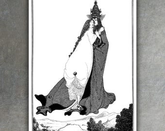 Peut inclure: Illustration en noir et blanc d'un couple qui s'embrasse. La femme porte une longue robe fluide et une couronne. L'homme porte une longue robe. Ils flottent au-dessus d'un paysage avec des collines et des arbres.