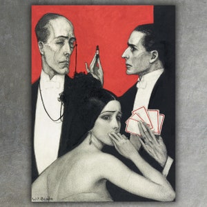 Pode incluir: Uma ilustração vintage de três pessoas em uma cena dramática. Um homem de terno segura um frasco e um baralho de cartas, enquanto outro homem de terno observa. Uma mulher de cabelo escuro cobre a boca com a mão, parecendo assustada.