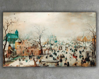Winter Landscape with Ice Skaters by Hendrick Avercamp Canvas Print • Fine Art Painting Print • Classical Landscape Wall Decor