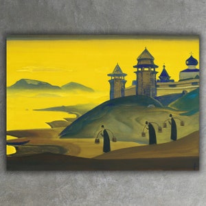 Pode incluir: Uma pintura que retrata uma paisagem amarela com um castelo à distância. O castelo tem múltiplas torres e é rodeado por uma colina. Há quatro figuras em primeiro plano, todas vestindo túnicas escuras e carregando baldes.