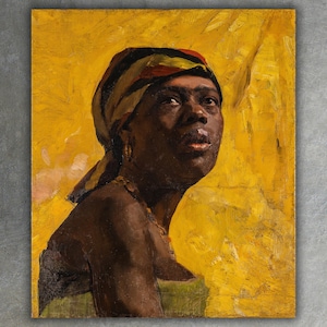May include: A painting of a woman with dark skin wearing a colorful headscarf and a green dress. The background is a bright yellow.