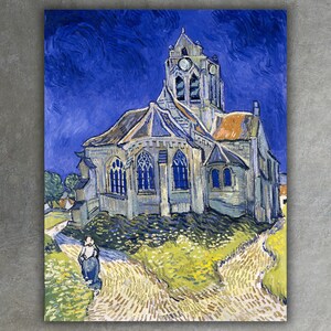 May include: A painting of a church with a tall steeple and a blue sky. The church is painted in a style reminiscent of Vincent van Gogh, with swirling brushstrokes and bright colors.