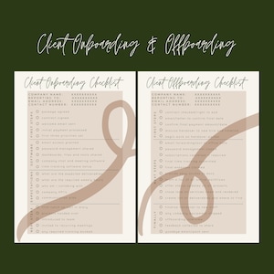 Op de afbeelding: Een checklist voor het onboarden en offboarden van klanten. De checklist is verdeeld in twee secties: onboarden en offboarden. Elke sectie bevat een lijst met stappen die moeten worden genomen, waaronder het verzenden van welkomstmails, het instellen van software en het verstrekken van training. De checklist is ontworpen om bedrijven te helpen het proces van het onboarden van nieuwe klanten en het offboarden van bestaande klanten te stroomlijnen.