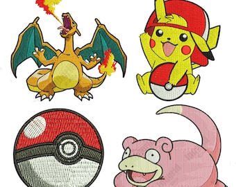 ポケモンの刺繍デザイン、機械刺繍ファイル、モンスターボール、リザードン、アニメの刺繍デザイン