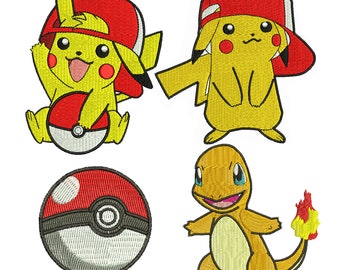 ポケモンキャラクターの刺繍デザイン、漫画の刺繍デザインファイル、ピカチュウ、モンスターボール、ヒトカゲ、アニメの機械刺繍。