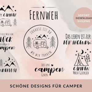 Könnte beinhalten: Eine Sammlung von schwarz-weißen Camping-Designs mit Text. Designs beinhalten einen Camper, Berge, Bäume und Sätze wie "Happy Camper" und "Wanderlust". Der Satz "Schöne Designs für Camper" ist ebenfalls vorhanden.