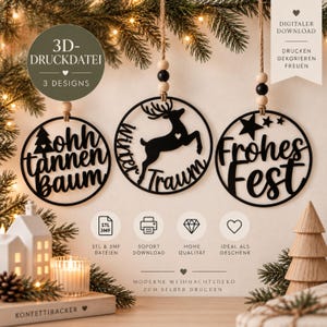 3D Printable Christmas Decorations – STL & 3MF Bundle | Scandi Christmas Ornaments | 3 Designs | Oh Christmas Tree | Merry Christmas | Deer Winter Dream
