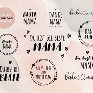 Puede incluir: Un conjunto de 10 etiquetas de regalo imprimibles para el Día de la Madre con varios diseños que incluyen corazones, flores y texto en negro sobre un fondo blanco. El texto incluye "Danke Mama", "Beste Mama", "Du bist die beste Mama", "Alles Liebe zum Muttertag", "Du bist toll Mama" y "Beste mama".