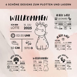 May include: Black and white designs with baby-themed graphics and text. Includes a giraffe, rainbow, and footprints. Text includes "Hello Little One" and "Welcome". Measurements are in centimeters and grams.