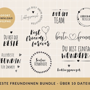 Könnte beinhalten: Ein Set mit 10 druckbaren digitalen Dateien mit Schwarzweiß-Illustrationen mit Text auf Deutsch. Die Illustrationen beinhalten Sätze wie "Beste Freunde für immer", "Dream Team" und "Du bist einfach wunderbar".