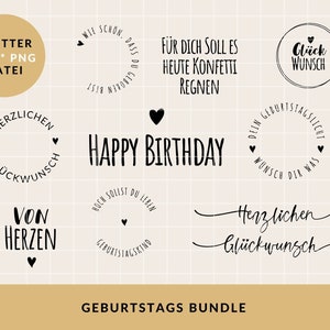 Könnte beinhalten: Ein Set mit schwarz-weißen Designs für Geburtstagsgrusskarten mit Text in deutscher Sprache. Die Designs beinhalten ein Herz, einen Kreis mit dem Text "Happy Birthday" und einen Kreis mit dem Text "Herzlichen Glückwunsch".