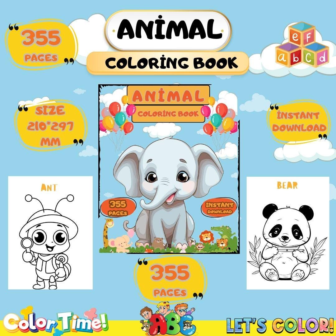 355 Pages Animal Coloring Book for Kids | Printable Black & White ...