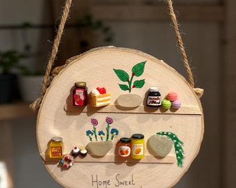 Sea Glass Plant Art: Wooden Hanging Decor with Miniature jams and cakes ‘Home Sweet Home’