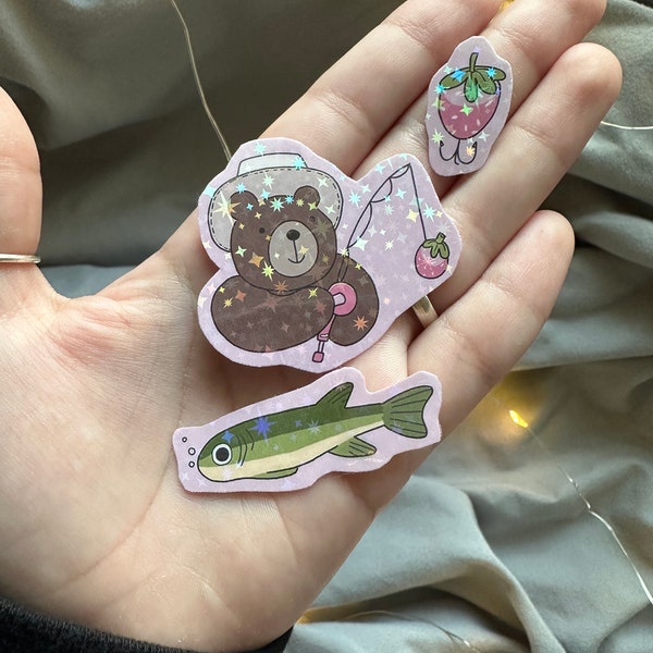 sparkly bear fishing + strawberry lure sticker set