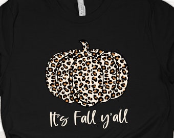 Camiseta de Halloween "Its Fall Yall" para mujer con estampado de leopardo y calabaza. Camiseta linda de otoño para Acción de Gracias con estampado de calabaza.
