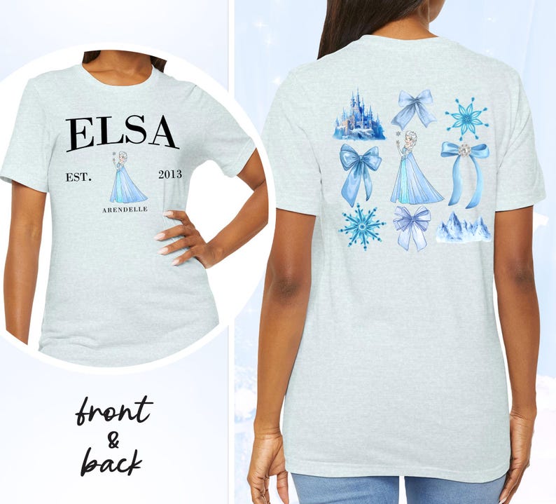 May include: Light gray t-shirt with "ELSA" printed in black, "EST. 2013 ARENDELLE" below, and a watercolor image of Elsa. The back features watercolor images of bows, snowflakes, a castle, and Elsa in a blue dress.