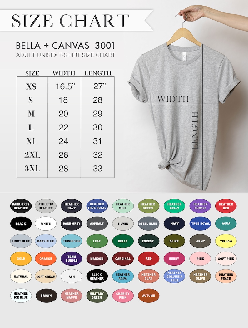 Pu&ograve; includere: Una tabella delle taglie per t-shirt unisex per adulti Bella + Canvas 3001. La tabella mostra le misure di larghezza e lunghezza in pollici per le taglie XS a 3XL. Una t-shirt grigia &egrave; mostrata appesa a un appendiabiti.