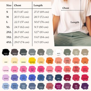 May include: A white unisex t-shirt with a size chart showing chest and length measurements in inches and centimeters. The chart includes various colors like black, navy, and red.