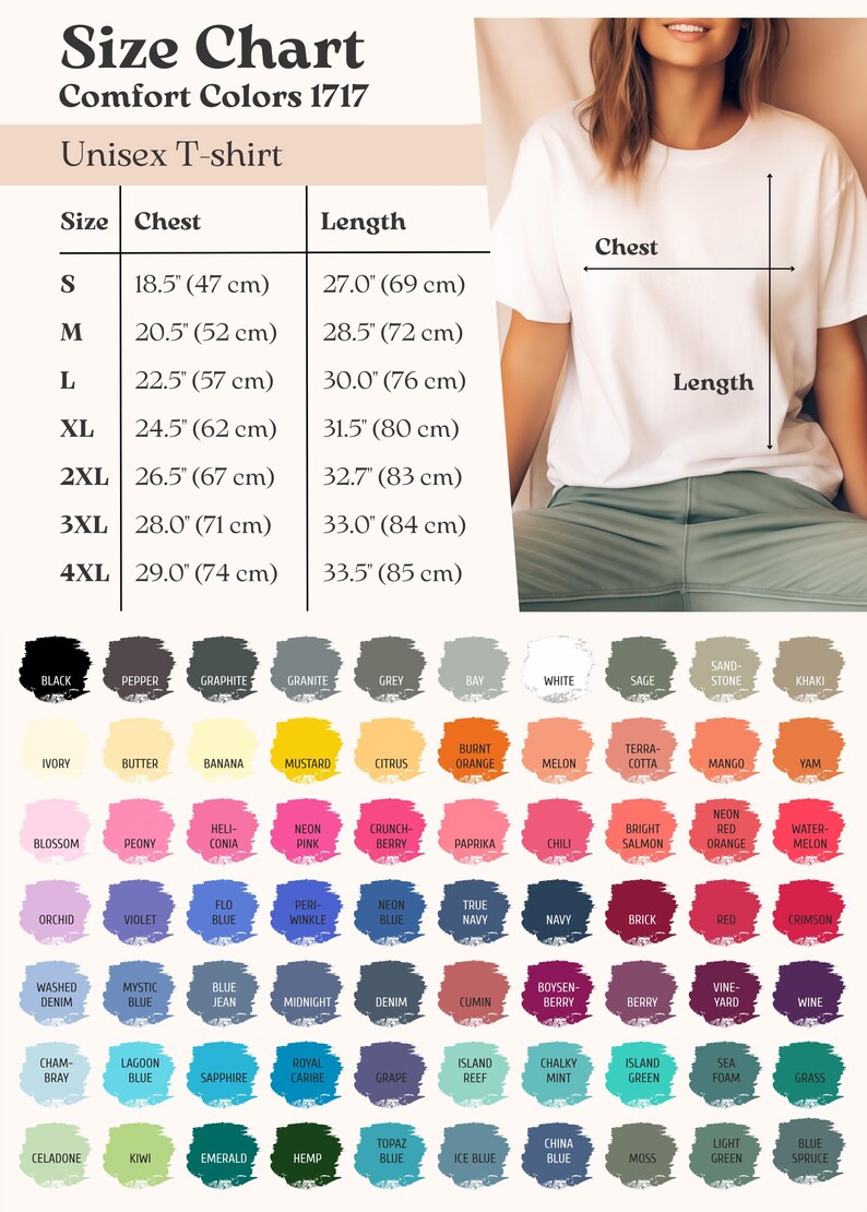 May include: A white unisex t-shirt with a size chart showing chest and length measurements in inches and centimeters. The chart includes various colors like black, navy, and red.