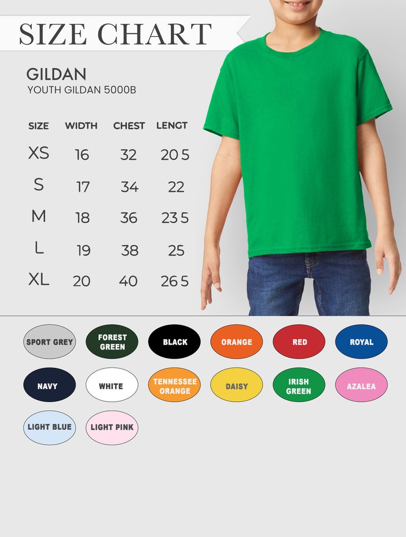 Op de afbeelding: Maattabel voor Gildan 5000B T-shirts voor kinderen. De tabel toont maten XS tot XL met de bijbehorende breedte-, borst- en lengtemaat in inches. De tabel bevat ook een kleurenpalet met 14 verschillende kleuropties.