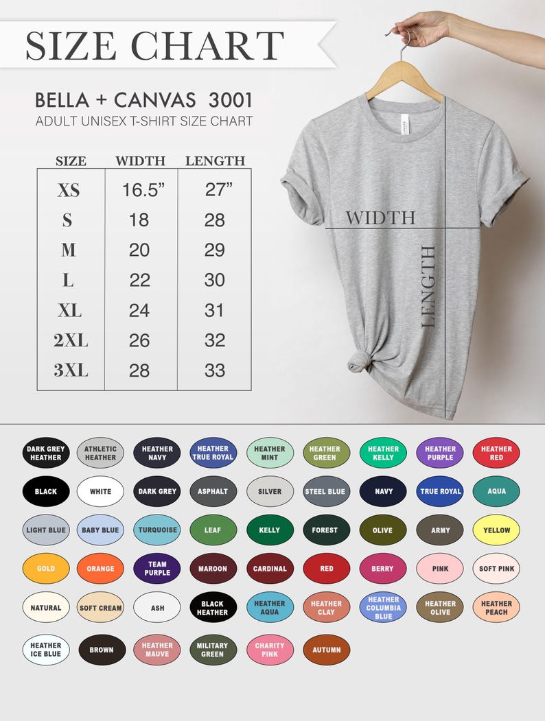 May include: A size chart for Bella + Canvas 3001 adult unisex t-shirts. The chart displays sizes XS to 3XL with width and length measurements in inches. A gray t-shirt is displayed on a hanger, and a color palette with various options is shown.