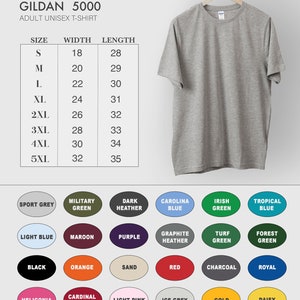 Pu&ograve; includere: Tabella delle taglie per t-shirt unisex per adulti Gildan 5000. La tabella mostra le taglie dalla S alla 5XL con le misure di larghezza e lunghezza corrispondenti in pollici. Una tabella dei colori in basso mostra 20 diverse opzioni di colore per le t-shirt.
