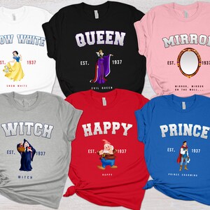 May include: Six different t-shirts featuring characters from the classic Disney movie Snow White and the Seven Dwarfs. The shirts are in various colors, including white, black, pink, gray, red, and blue. Each shirt features a different character, including Snow White, the Evil Queen, the Magic Mirror, the Witch, Happy, and Prince Charming. The shirts all have the same design, with the character's name in a large, white font and the year 1937 printed below.