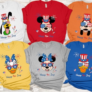 May include: Six different t-shirts featuring various Disney characters wearing red, white and blue patriotic attire with the text "Happy 4th of July".