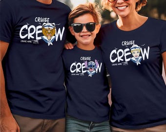 May include: Three navy blue t-shirts featuring the white text CRUISE CREW and the words CRUISE NAME below. Each shirt displays a different cartoon character wearing a sailor hat: the Beast, Stitch, and Cinderella, all accented with small birds.