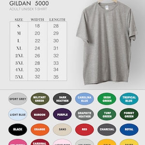 May include: A gray Gildan 5000 adult unisex t-shirt hanging on a wooden hanger. The image includes a size chart with measurements in inches and a color chart with various options like black, red, and navy.
