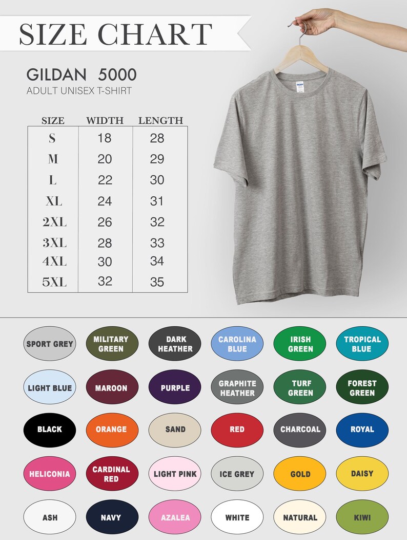 May include: A gray Gildan 5000 adult unisex t-shirt hanging on a wooden hanger. The image includes a size chart with measurements in inches and a color palette with options like black, red, and navy.