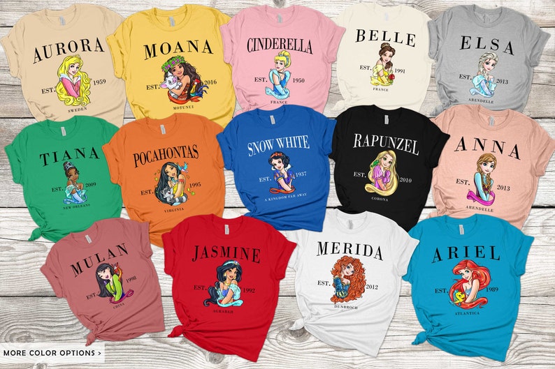 May include: A collection of 12 t-shirts featuring different Disney Princesses. Each shirt has a different princess, her name, and the year she was established. The shirts are in various colors, including pink, blue, green, red, orange, and white.